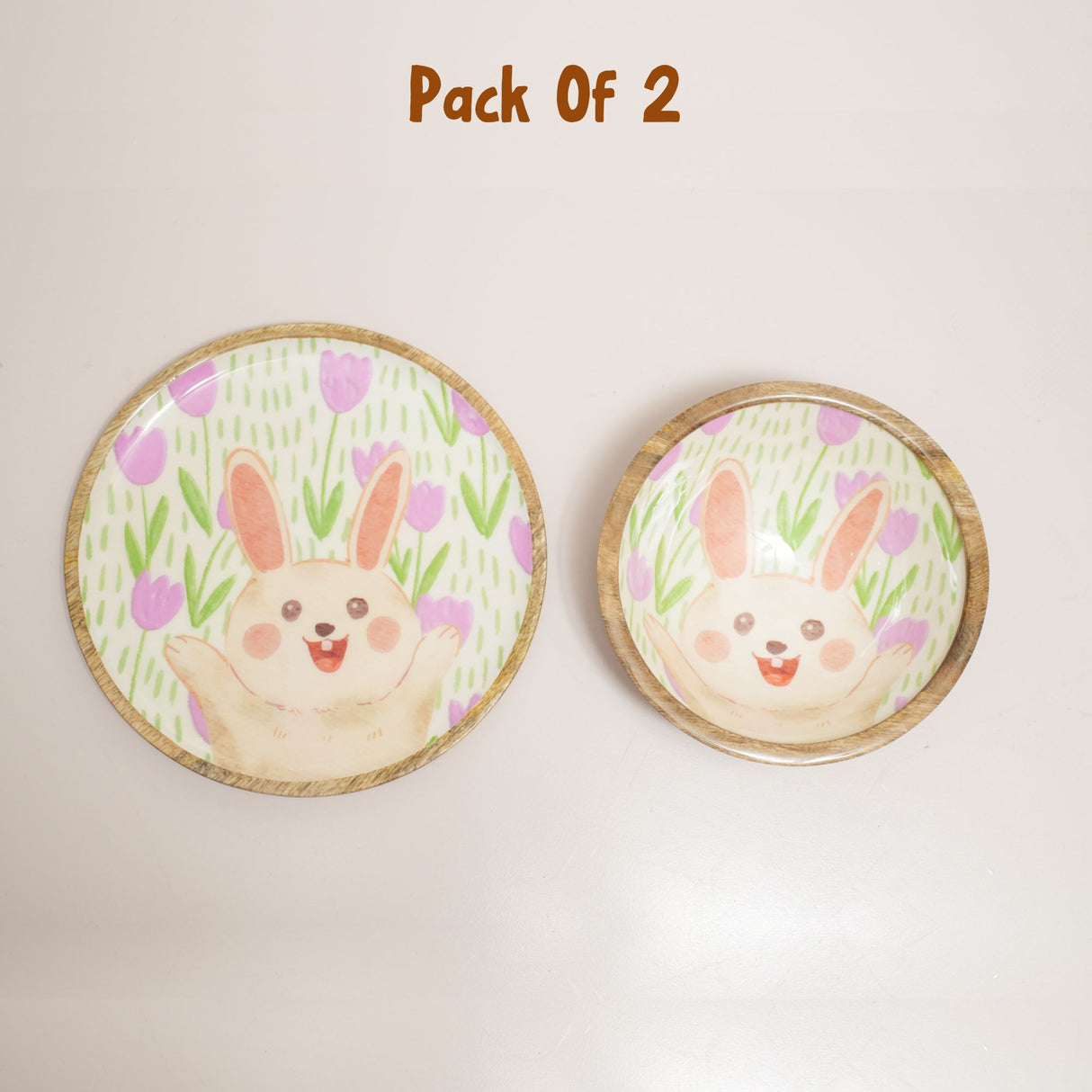 Happy Bunny Floral Wood Plate & Bowl Set – Handcrafted Pastel Easter Kids Dinnerware | Pinch of Pretty