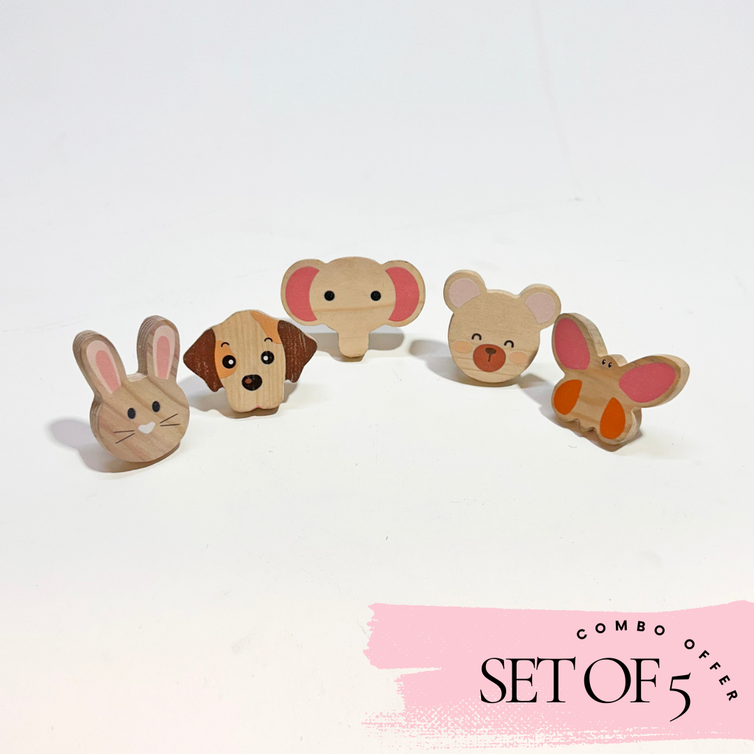 Pack of 5 Adorable Wooden Knobs (Rabbit face, Dog , Elephant Face, Teddy Bear, Butterfly )