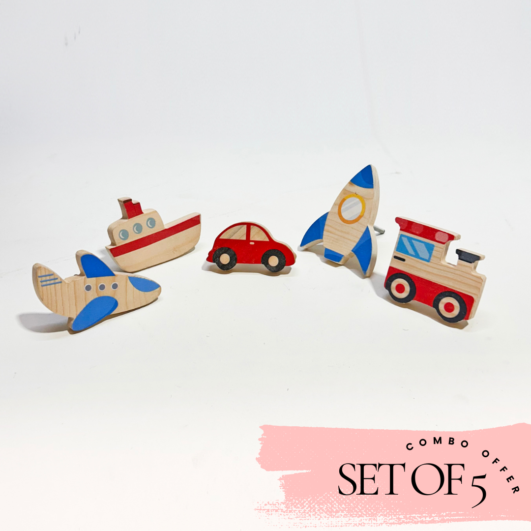 Pack of 5 Adorable Wooden Knobs ( Aeroplane, Ship, Red Car, Rocket , Train )