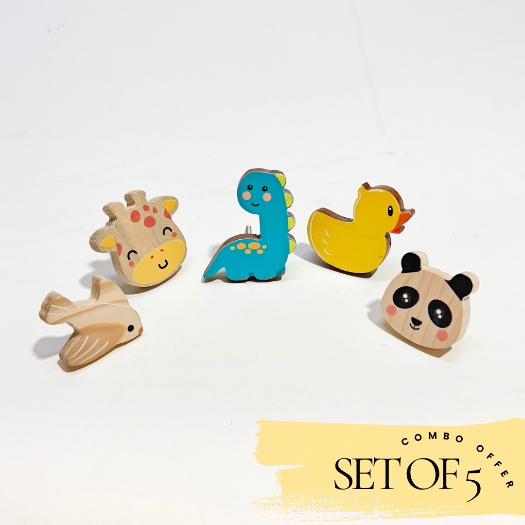 Pack of 5 Adorable Wooden Knobs (Bird, Giraffe, Dino, Duck, Panda )