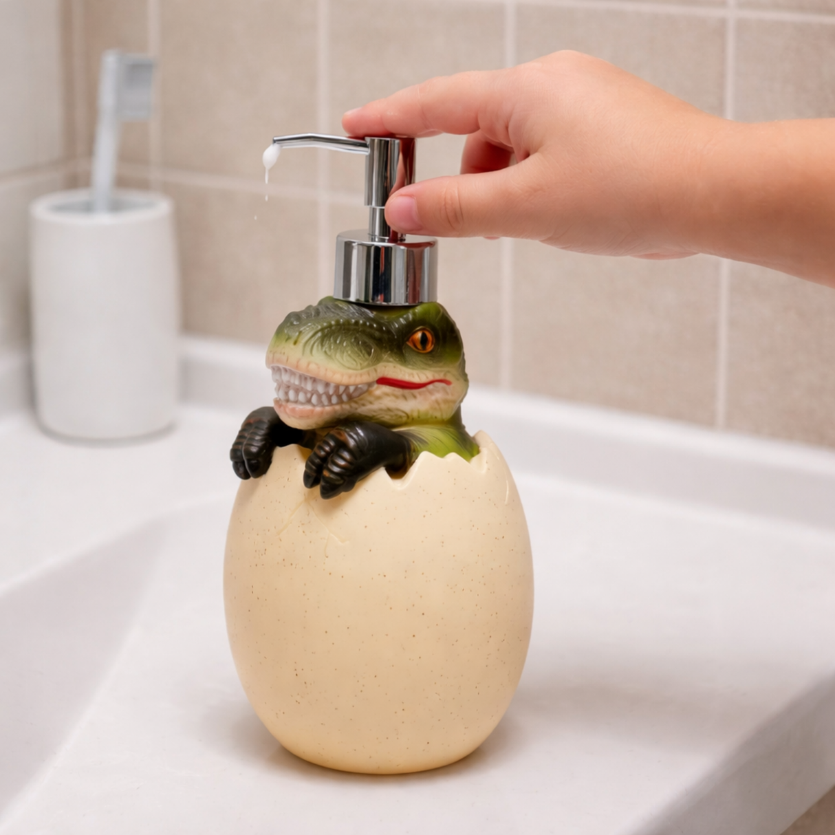 Green Dino Egg Soap Dispenser – Handcrafted Polyresin Bathroom Accessory | Pinch of Pretty