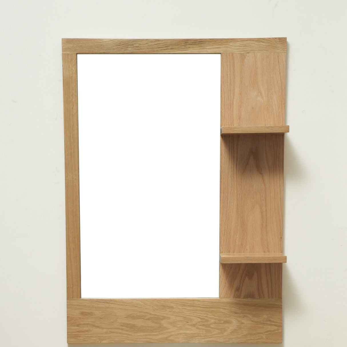 Oak Wall-Mounted Mirror with Dual Storage Shelves