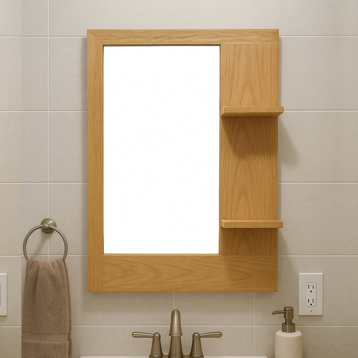 Oak Wall-Mounted Mirror with Dual Storage Shelves