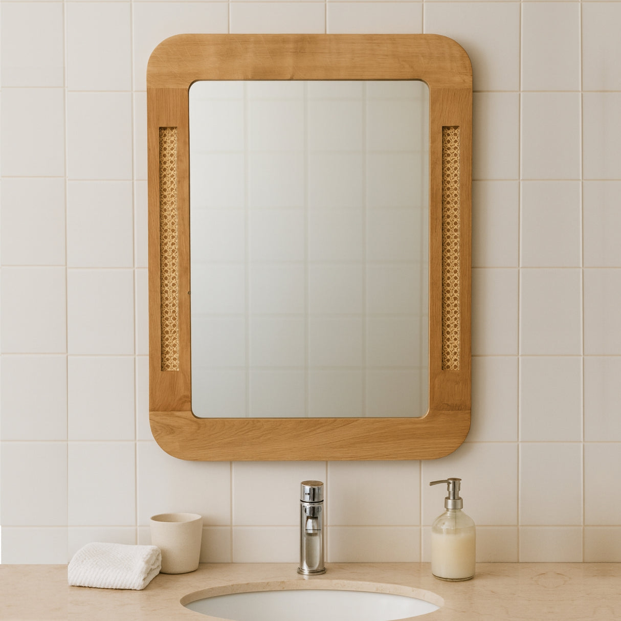 Oak and Rattan Accent Mirror