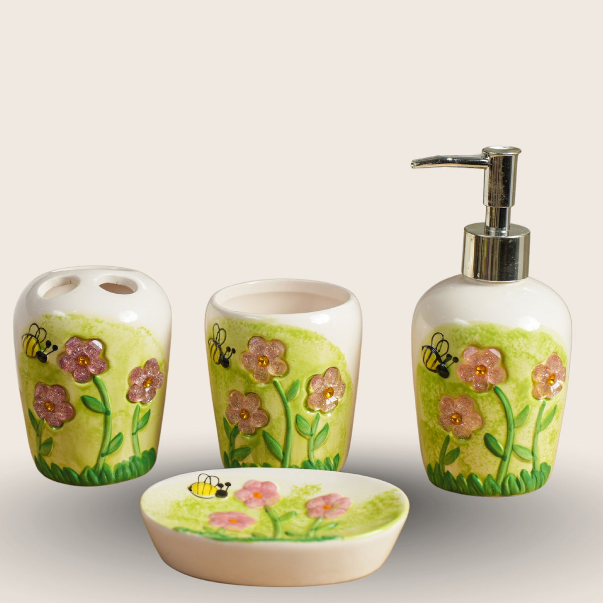 Green Flower & Bee Ceramic Bathroom Set | Pinch of Pretty