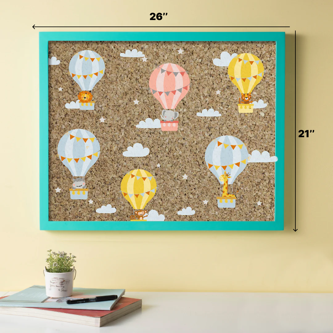Hot Air Balloon Cork Pinboard with Turquoise Frame