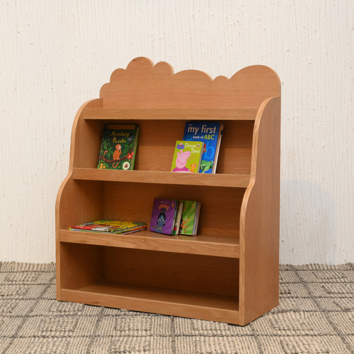 Cloud-Top Wooden Bookshelf – Three-Tier Display