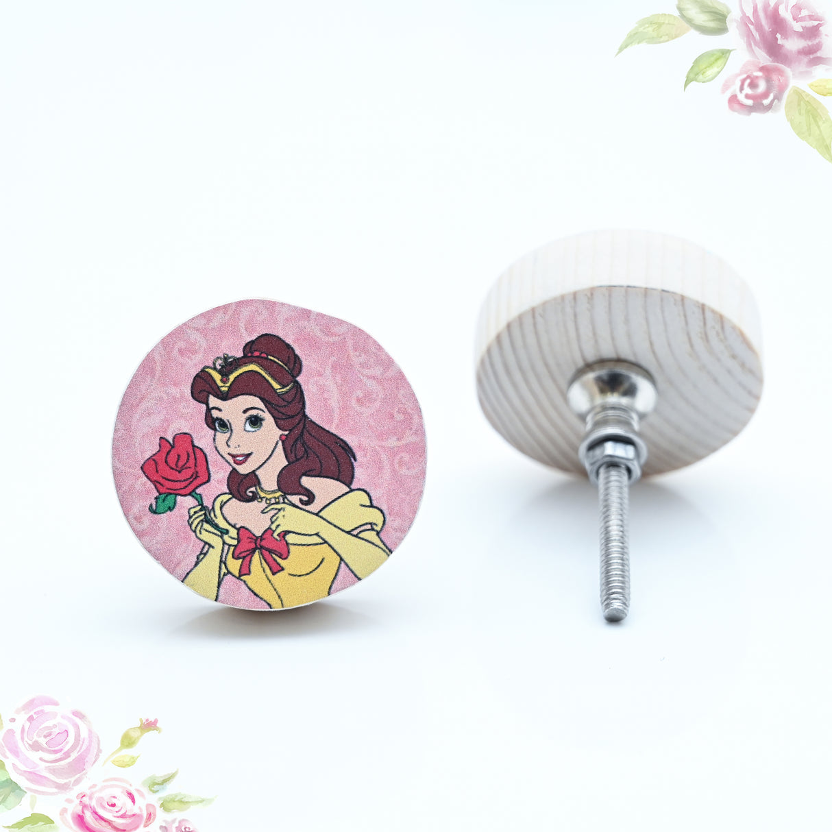 Belle with Rose Themed Wooden / Drawer Knob– Handcrafted Kids Room Hardware | Pinch of Pretty