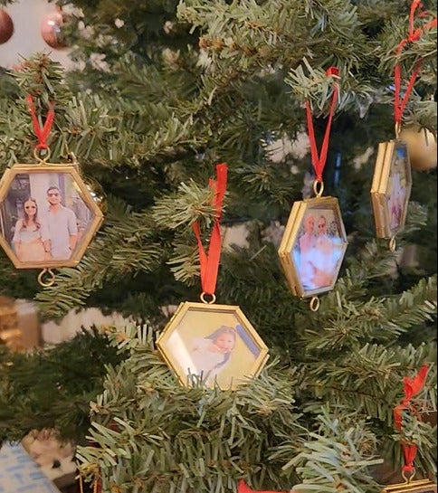 Pack of 3 Hexagonal Brass Hanging Photo Frame with Red Ribbon