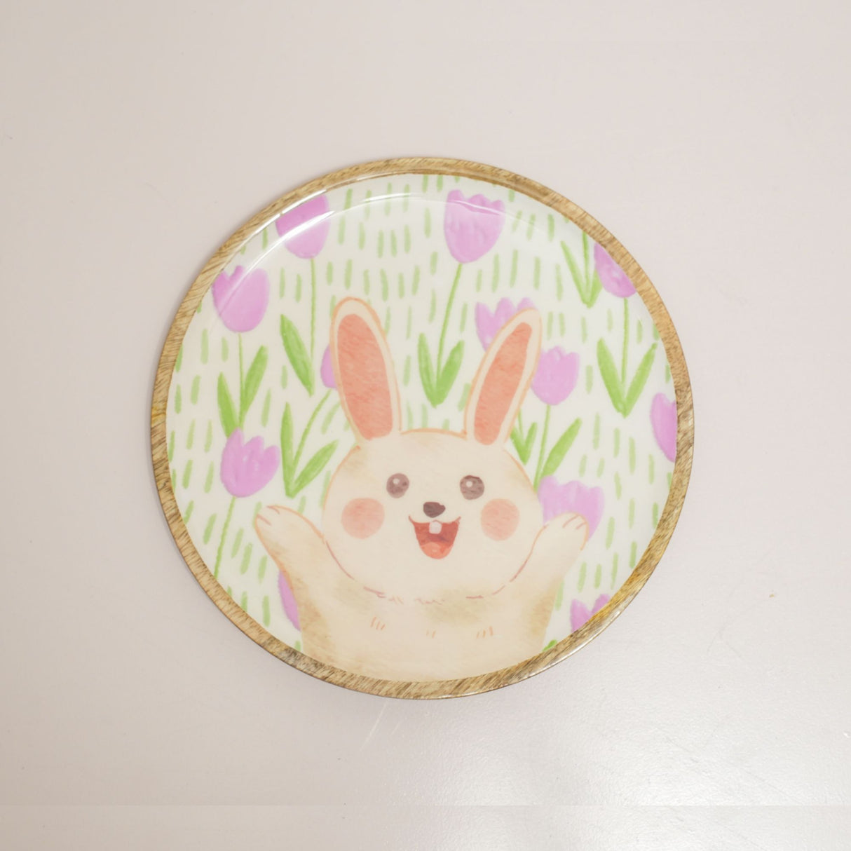 Happy Bunny Floral Wood Plate– Handcrafted Pastel Easter Kids Dinnerware | Pinch of Pretty
