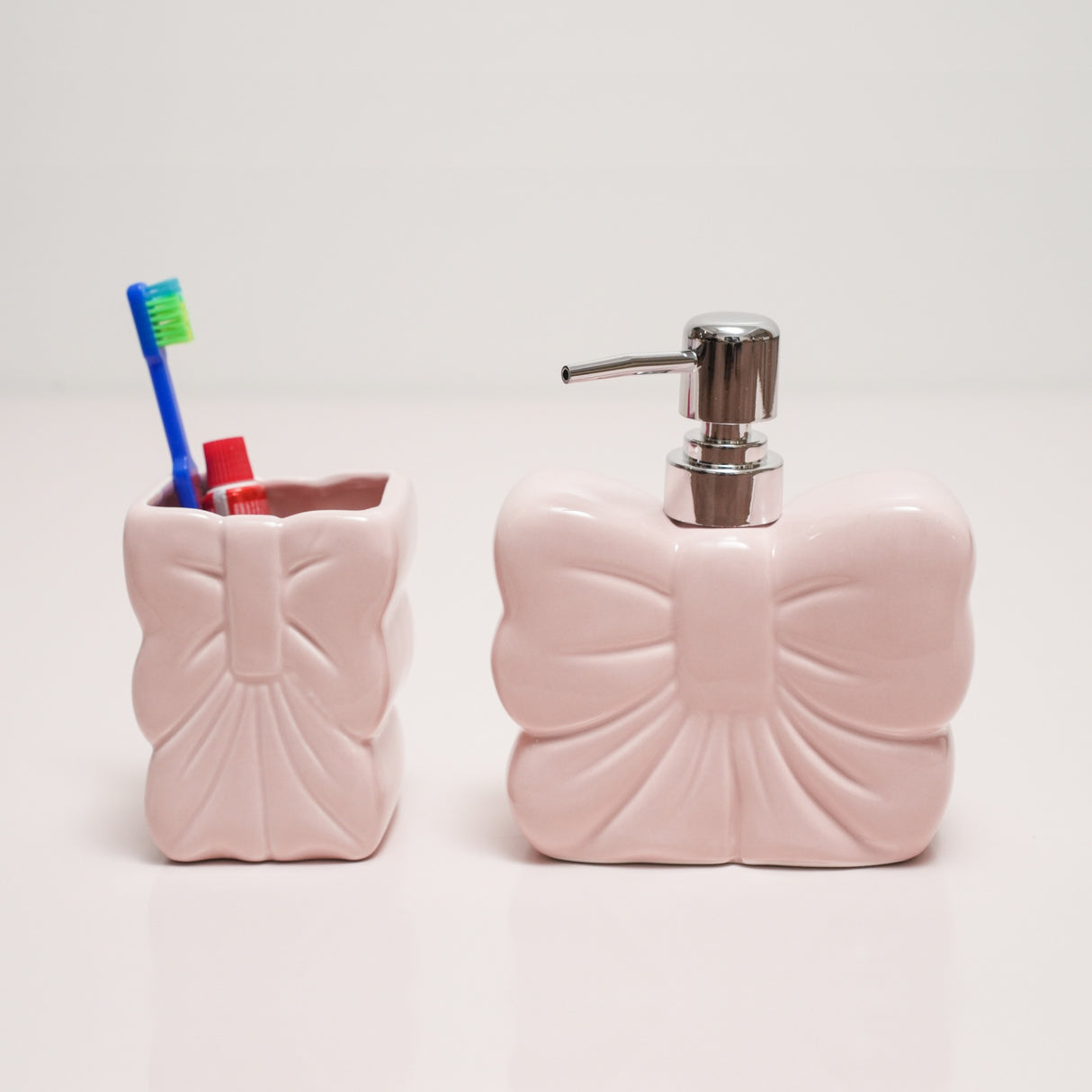 Bow Soap Dispenser with Toothbrush Holder – Handcrafted Bathroom Set | Pinch of Pretty