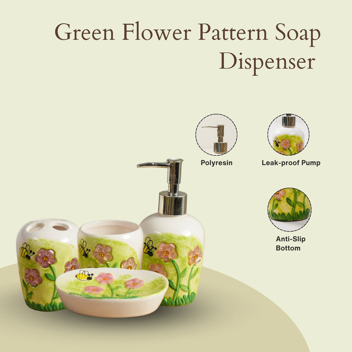 Green Flower & Bee Ceramic Bathroom Set | Pinch of Pretty