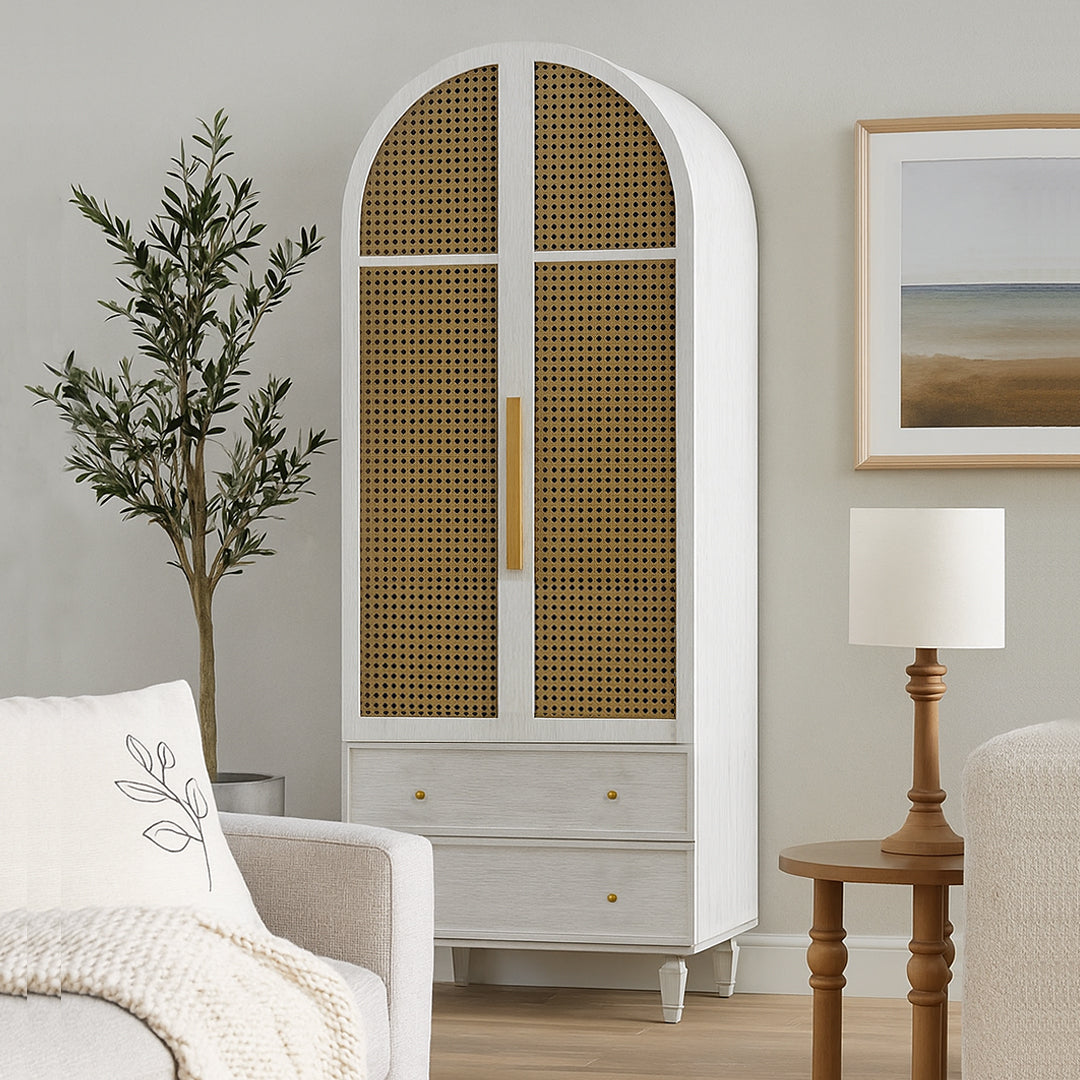 Cane Arch Wardrobe with Drawers