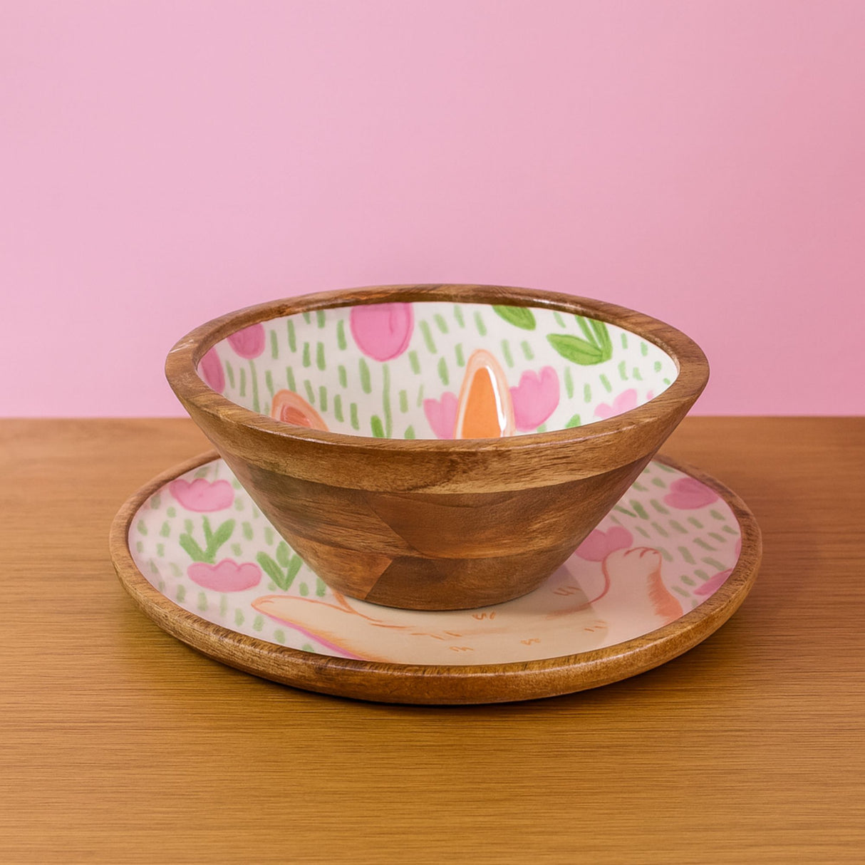 Happy Bunny Floral Wood Plate & Bowl Set – Handcrafted Pastel Easter Kids Dinnerware | Pinch of Pretty