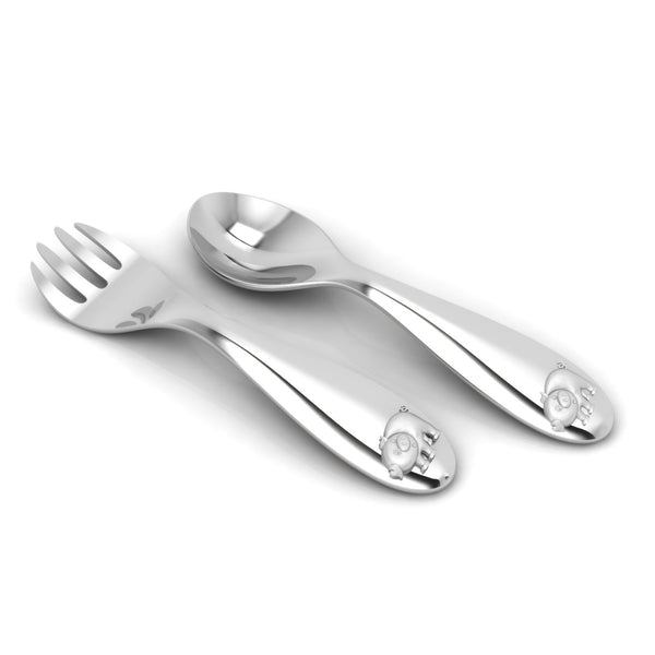 Silver Plated Baby Spoon & Fork Set - Cute Piggy